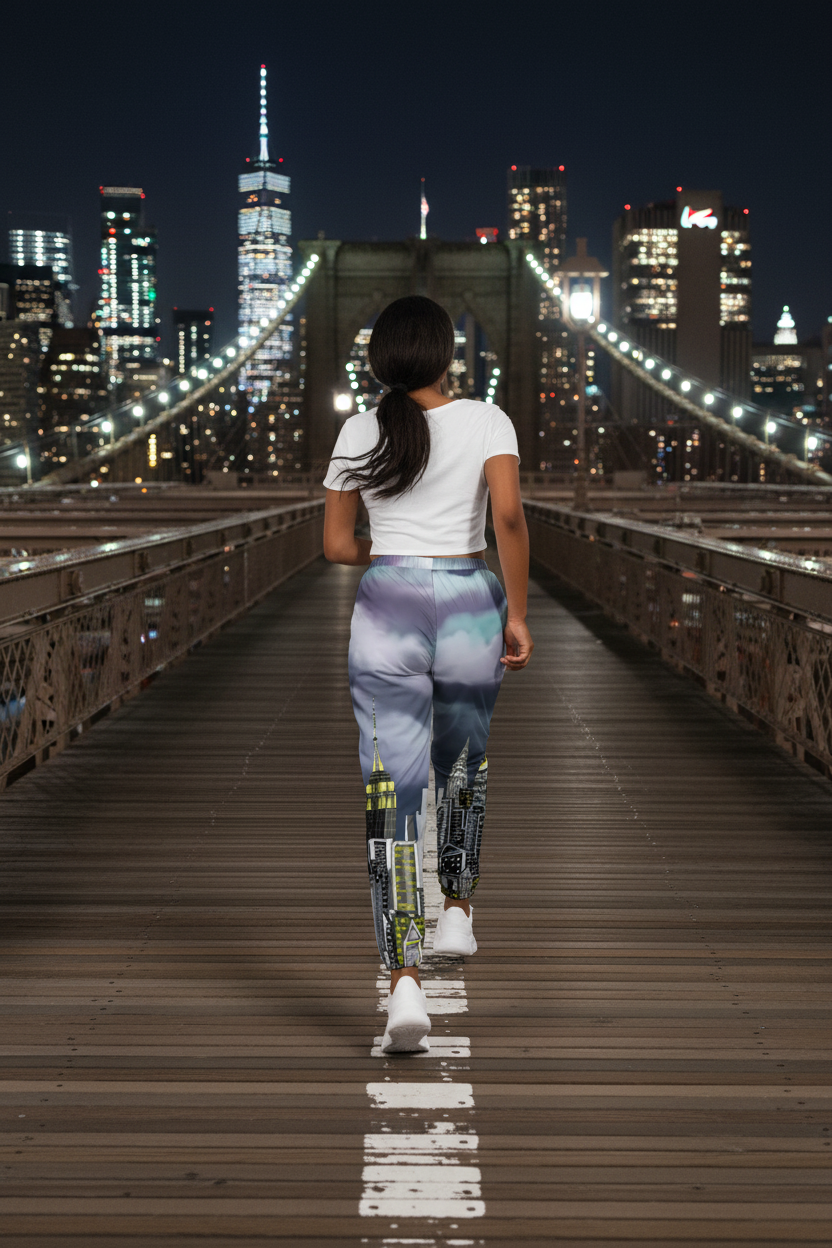 Person wearing a white crop top and colorful cityscape Loria NYC Art pants on a bridge