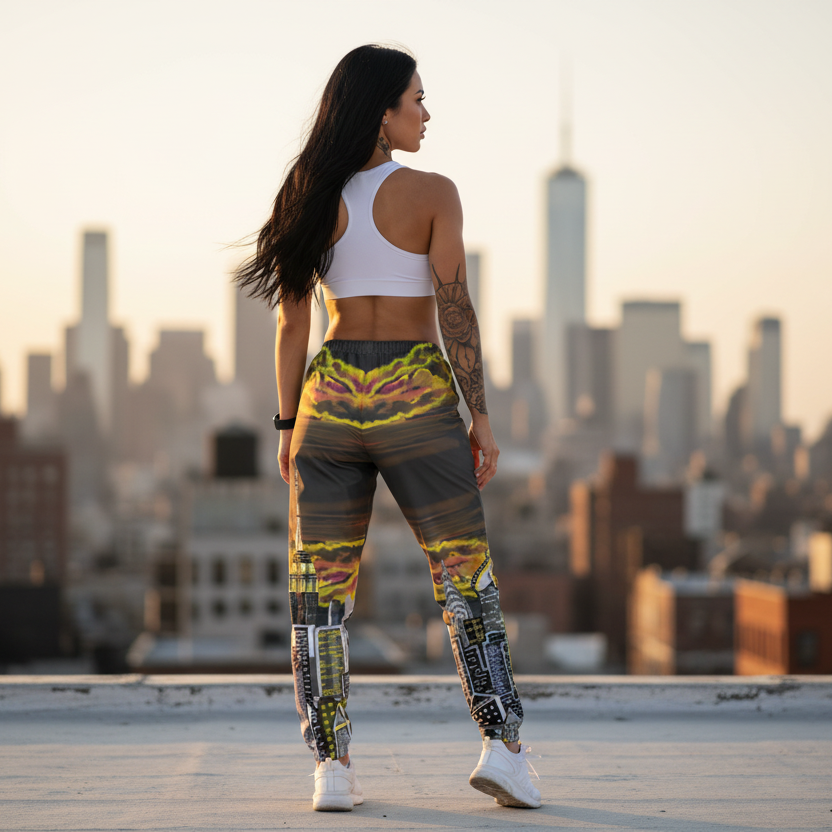 Woman in colorful Loria NYC Art track pants and white top standing on a rooftop with city skyline in the background