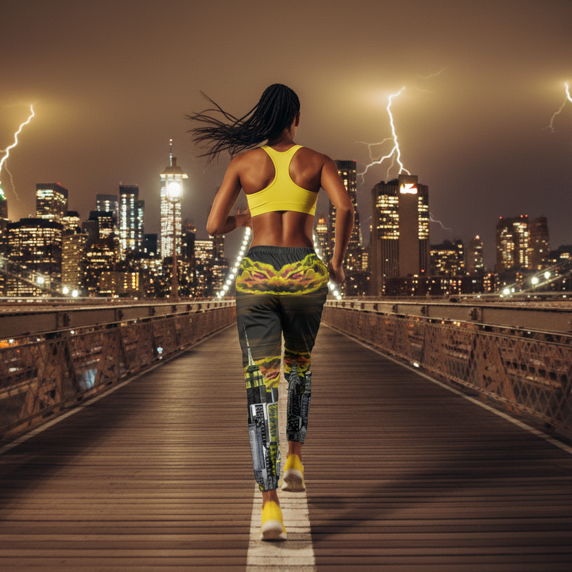 Person running on a bridge with 
cityscape Loria NYC Art track pants and lightning in the background