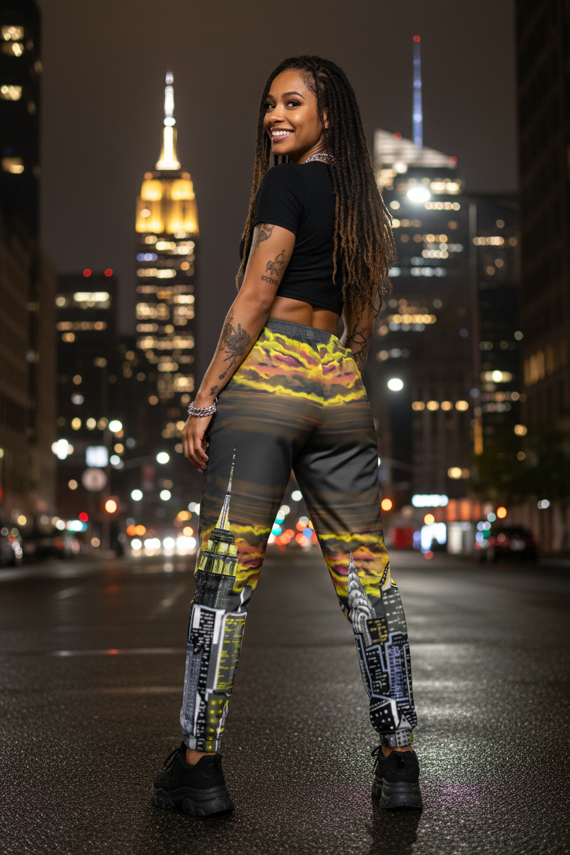 Woman wearing colorful Loria NYC Art pants with cityscape design against a nighttime city background