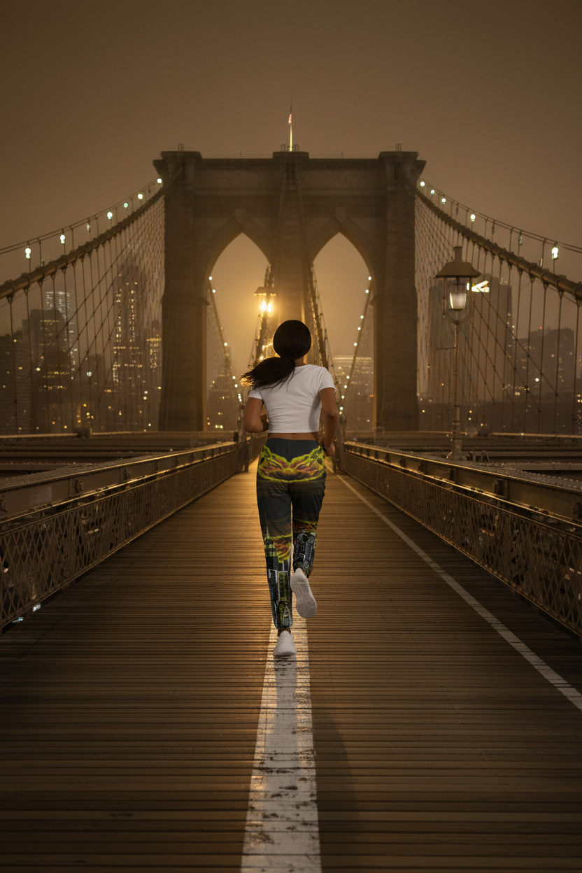 Person wearing a white crop top and cityscape Loria NYC Art pants running over bridge