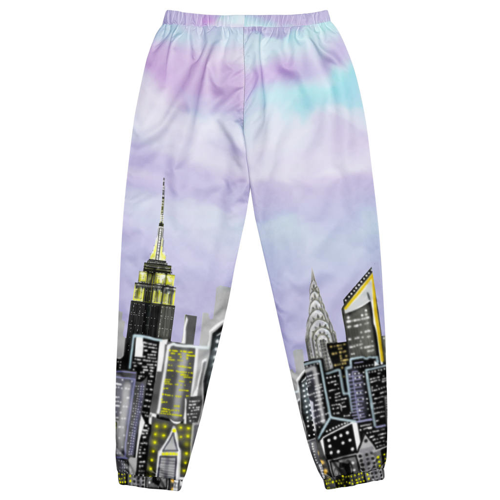 Back of track pants with city Loria NYC Art skyline design on a white background