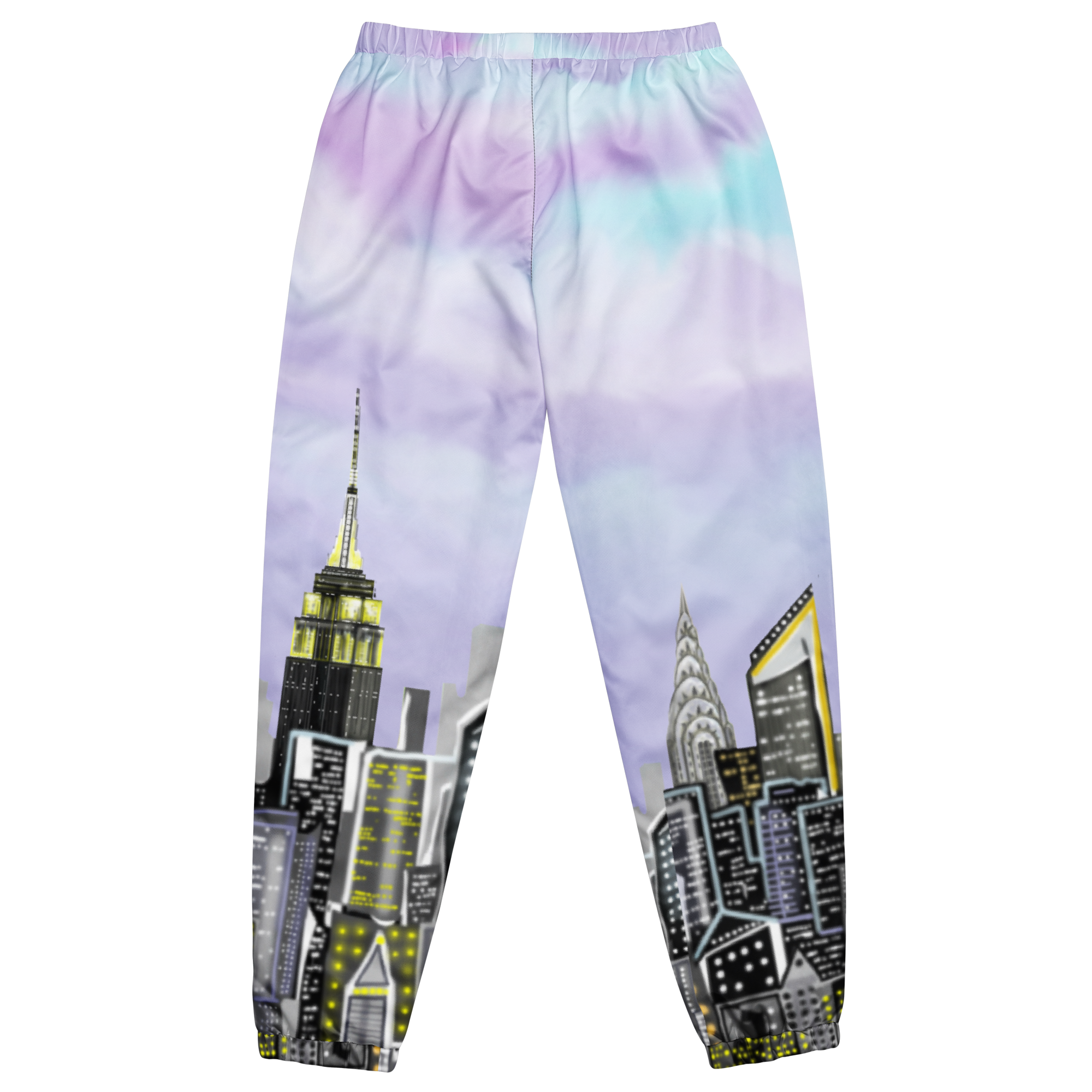 Back of track pants with city Loria NYC Art skyline design on a white background