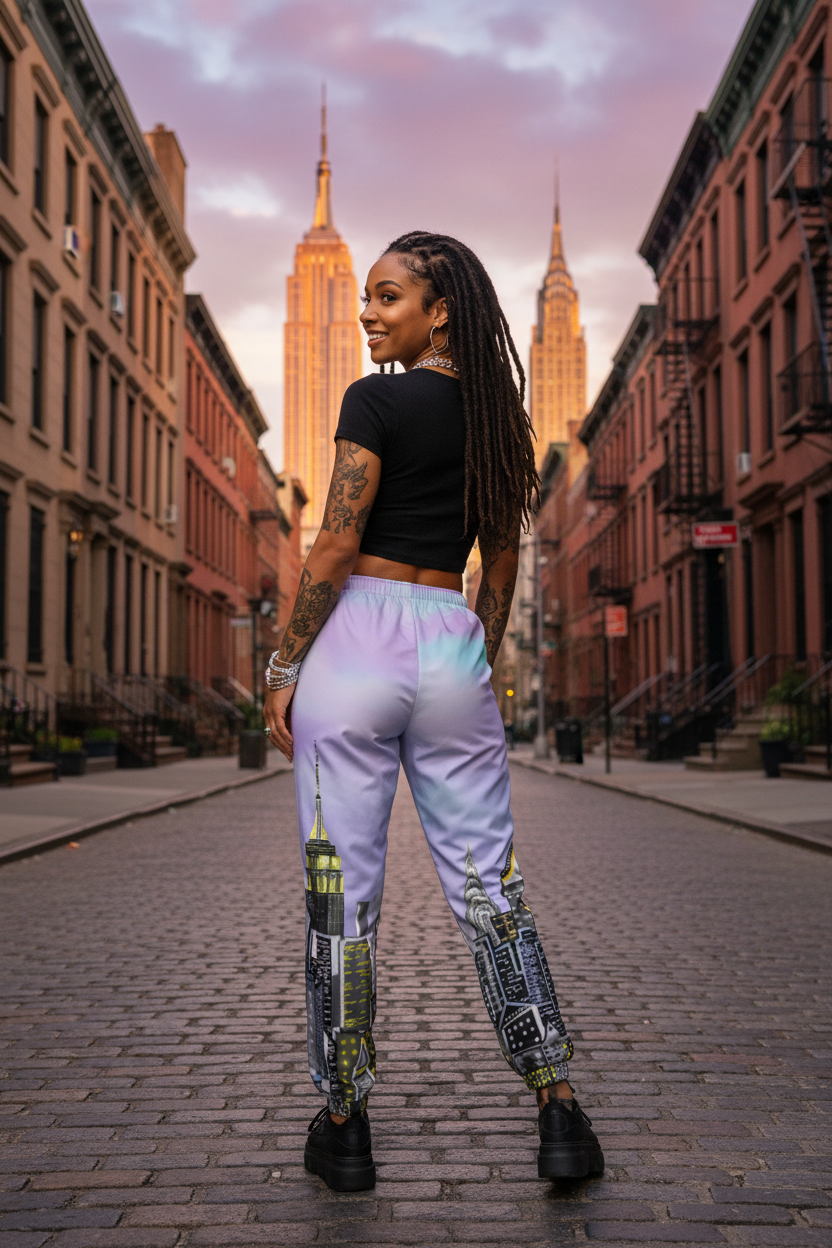 Person wearing colorful Loria NYC Art pants with cityscape design on a street in New York City.