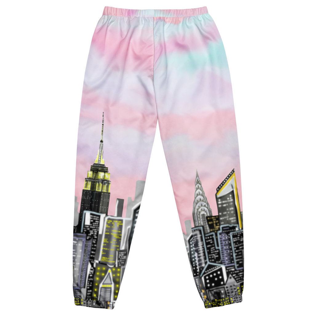 Loria NYC Art pants with city skyline design on a white background