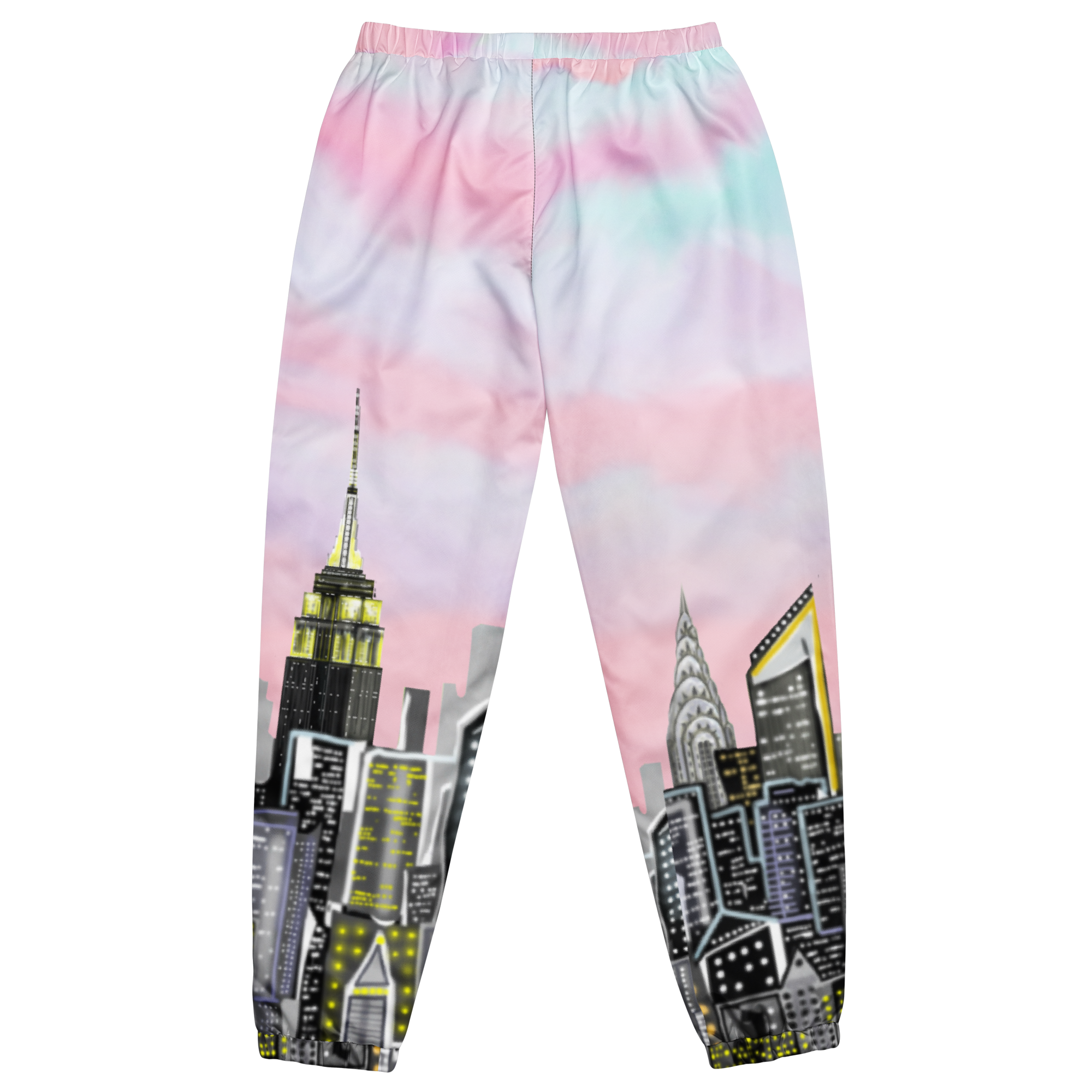 Loria NYC Art pants with city skyline design on a white background