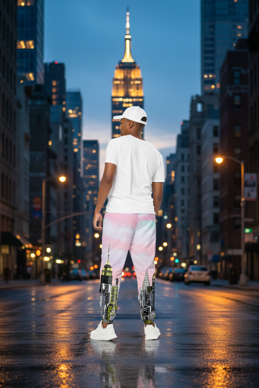 Person wearing a white t-shirt and colorful pants with cityscape Loria NYC Art design on a urban background