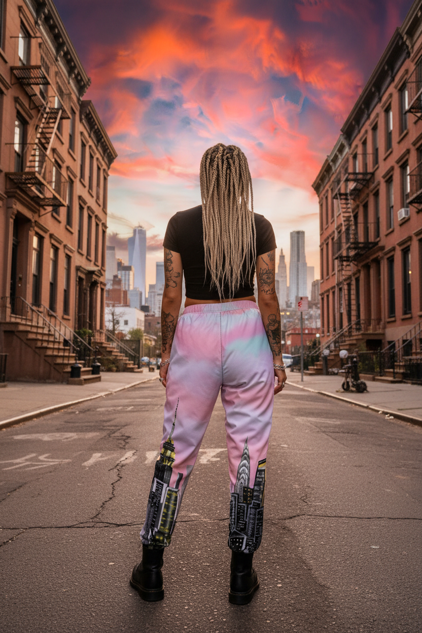 Person wearing a white crop top and colorful Loria NYC Art sweatpants with cityscape design on a white background