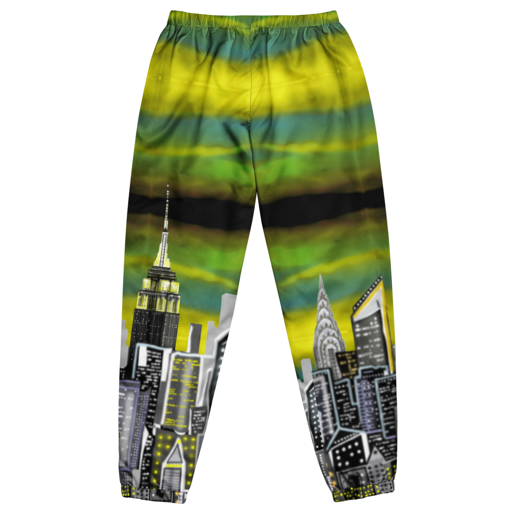 Colorful pants with Loria NYC Art cityscape design on a white background