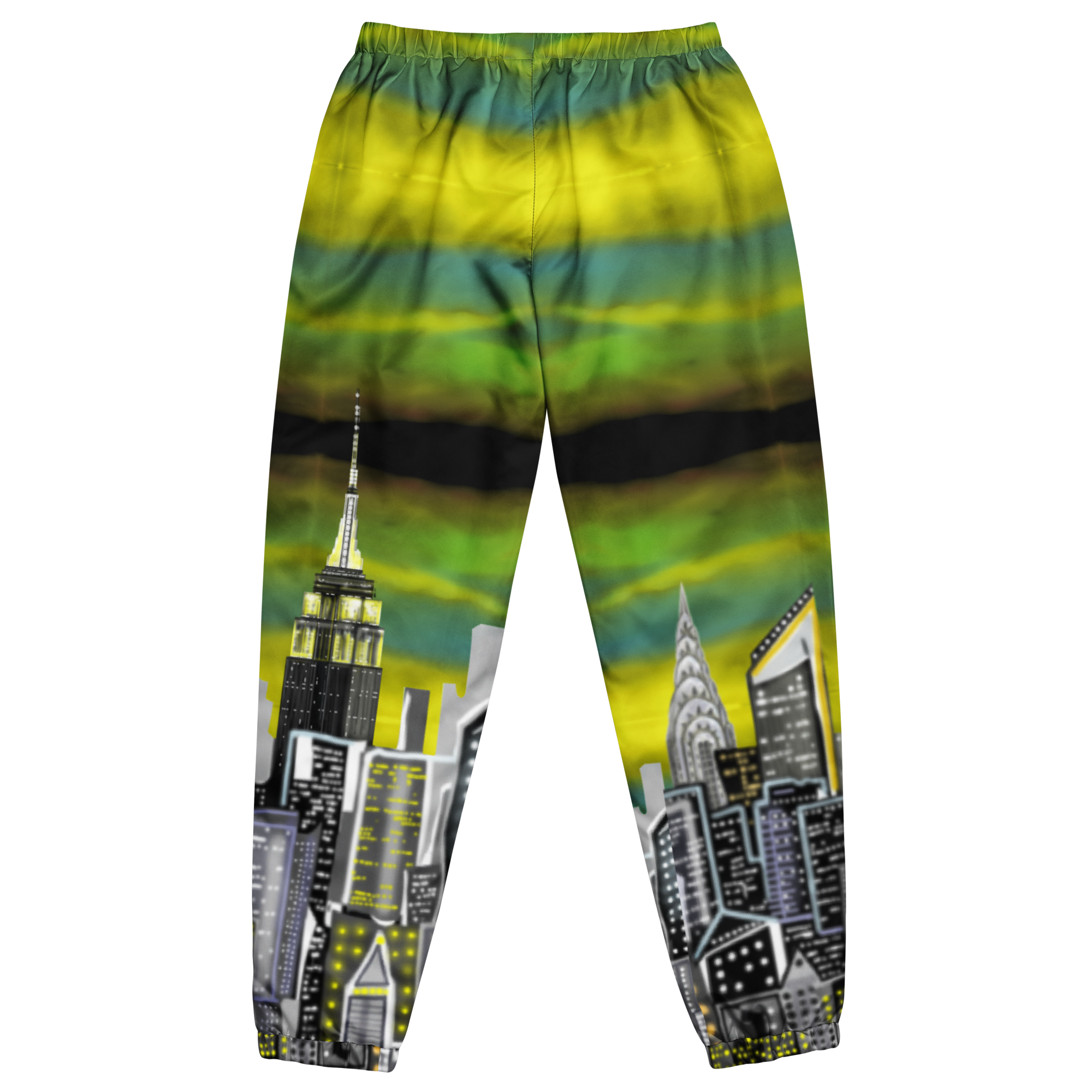 Colorful pants with Loria NYC Art cityscape design on a white background