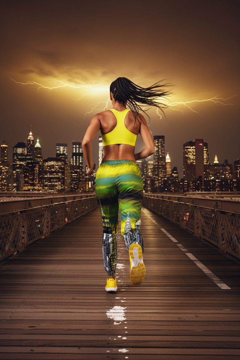 Person running on a bridge with a city skyline Loria NYC Art pants and lightning in the background