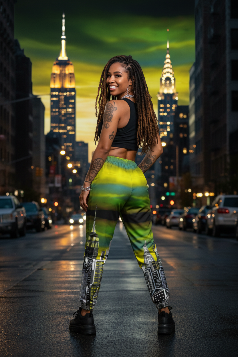 Woman in colorful Loria NYC Art pants standing on a city street with illuminated buildings in the background