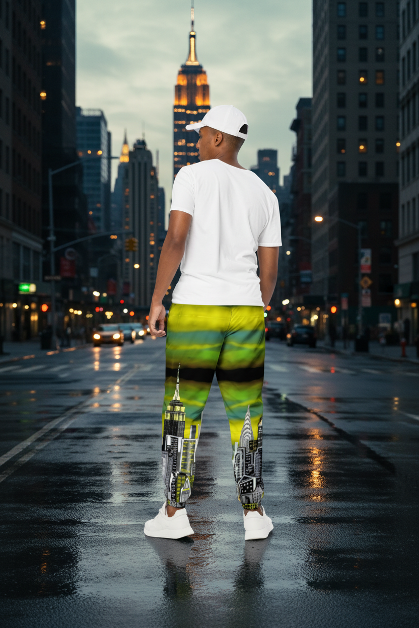Person wearing a white t-shirt and colorful pants with cityscape Loria NYC Art design on a urban background