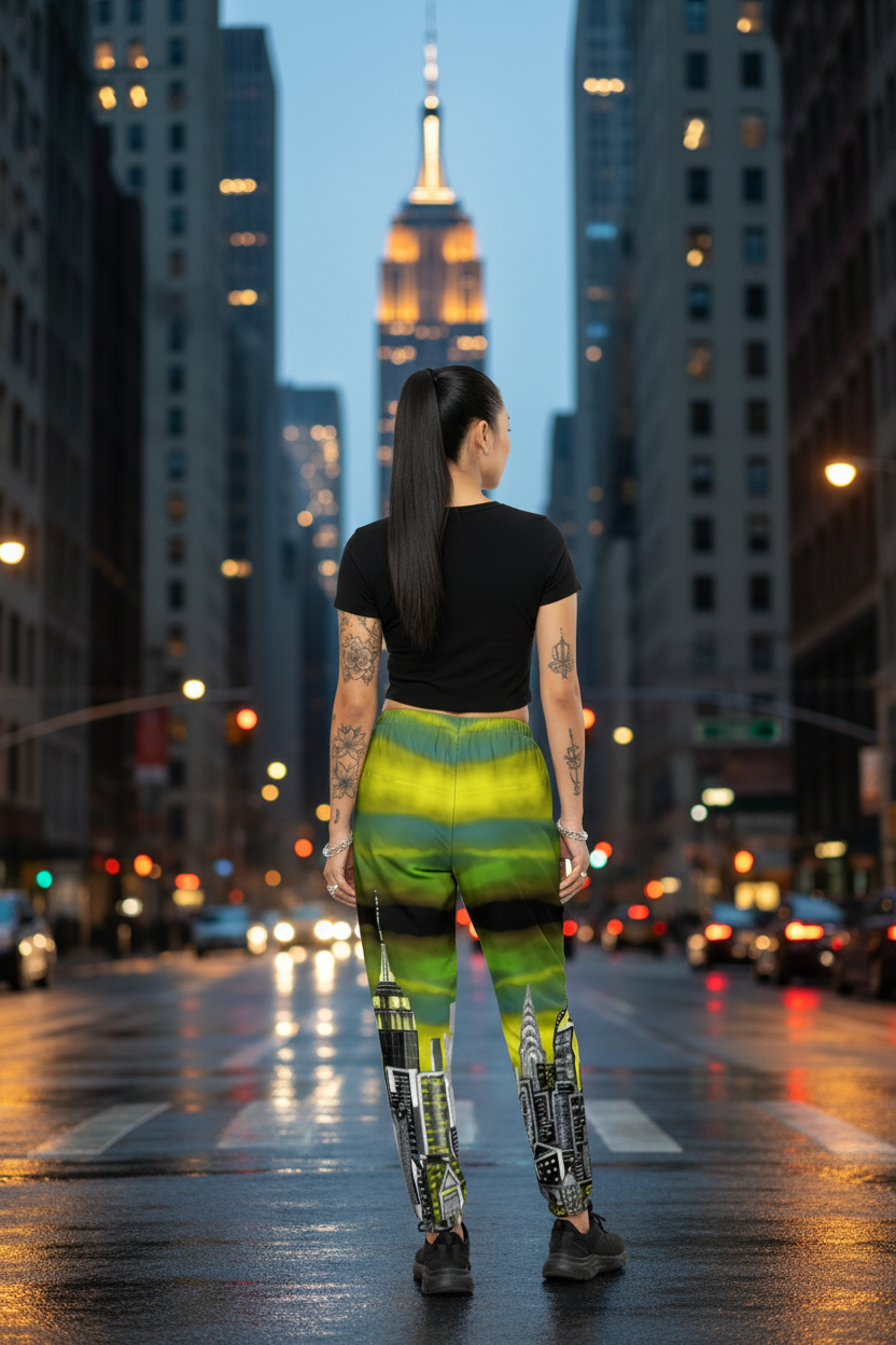 Person wearing a white crop top and green Loria NYC Art pants on a urban background