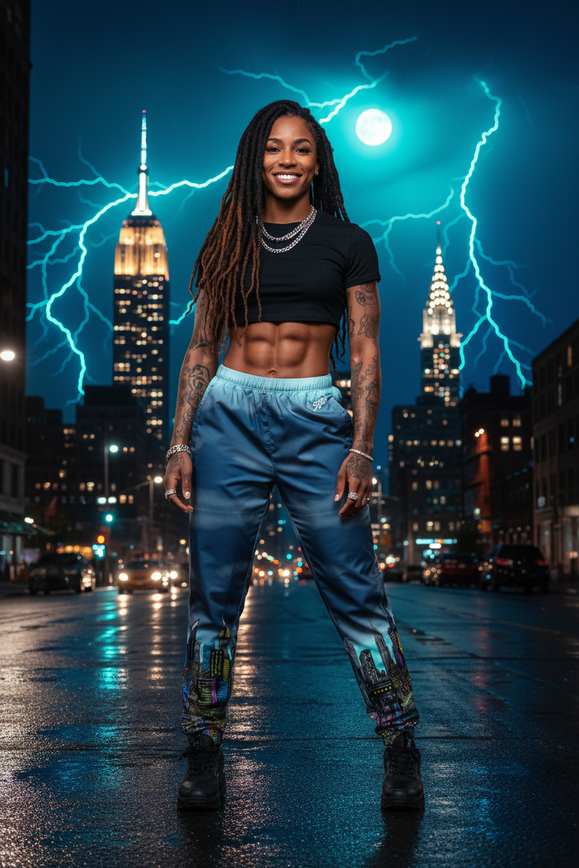 Person wearing Loria NYC Art pants on a city street with lightning effects and skyscrapers in the background