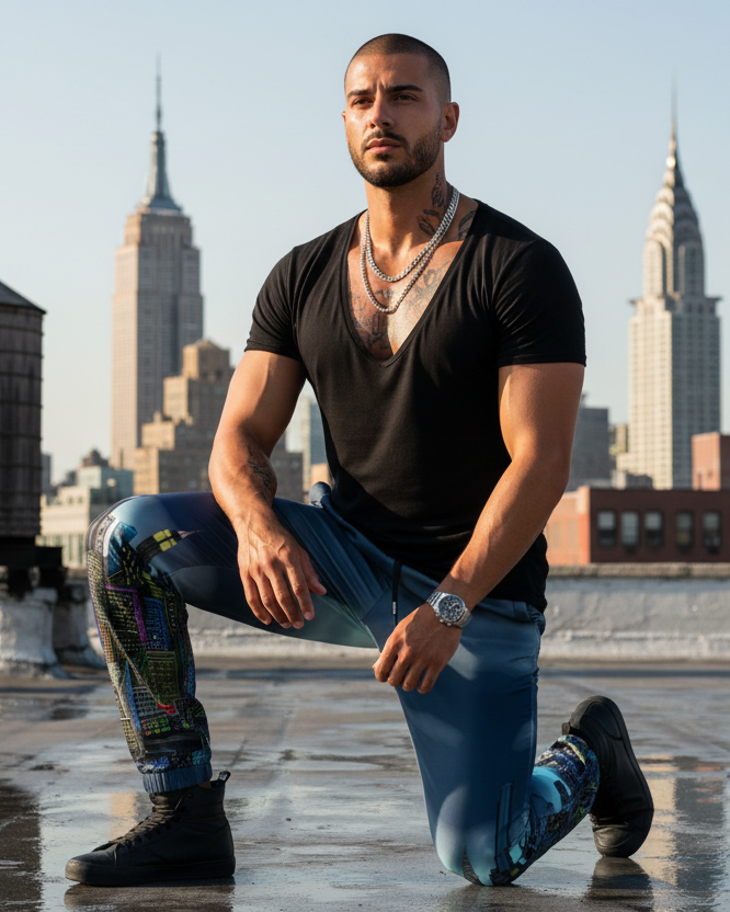 Man wearing black shirt and Loria NYC Art track pants sitting on a rooftop with city skyline in the background