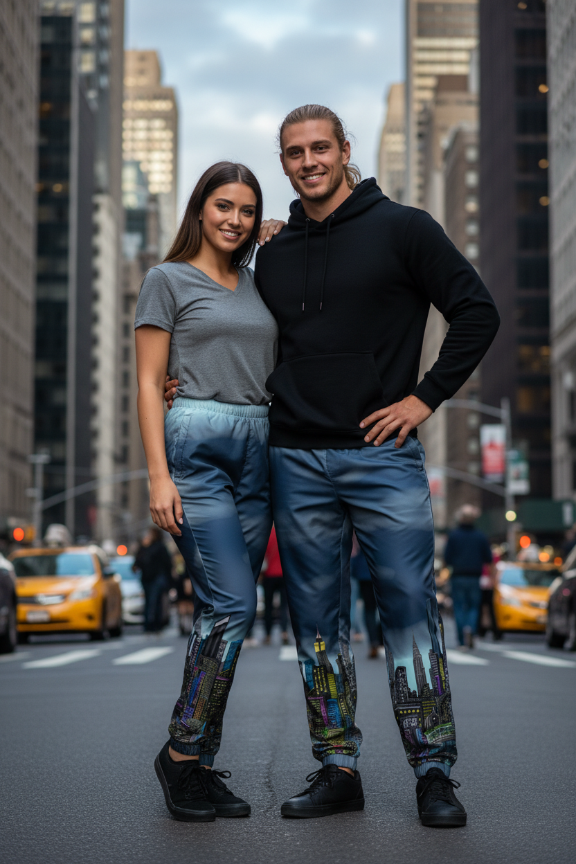Two people wearing colorful Loria NYC Art pants standing on a city street with tall buildings and taxis in the background.