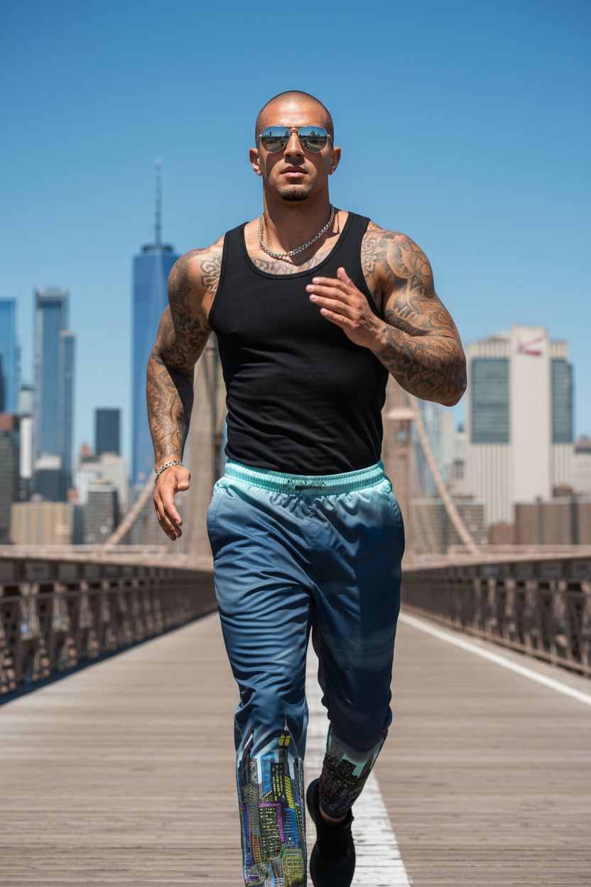 Man running on a bridge wearing Loria NYC Art track pants on a sunny day.