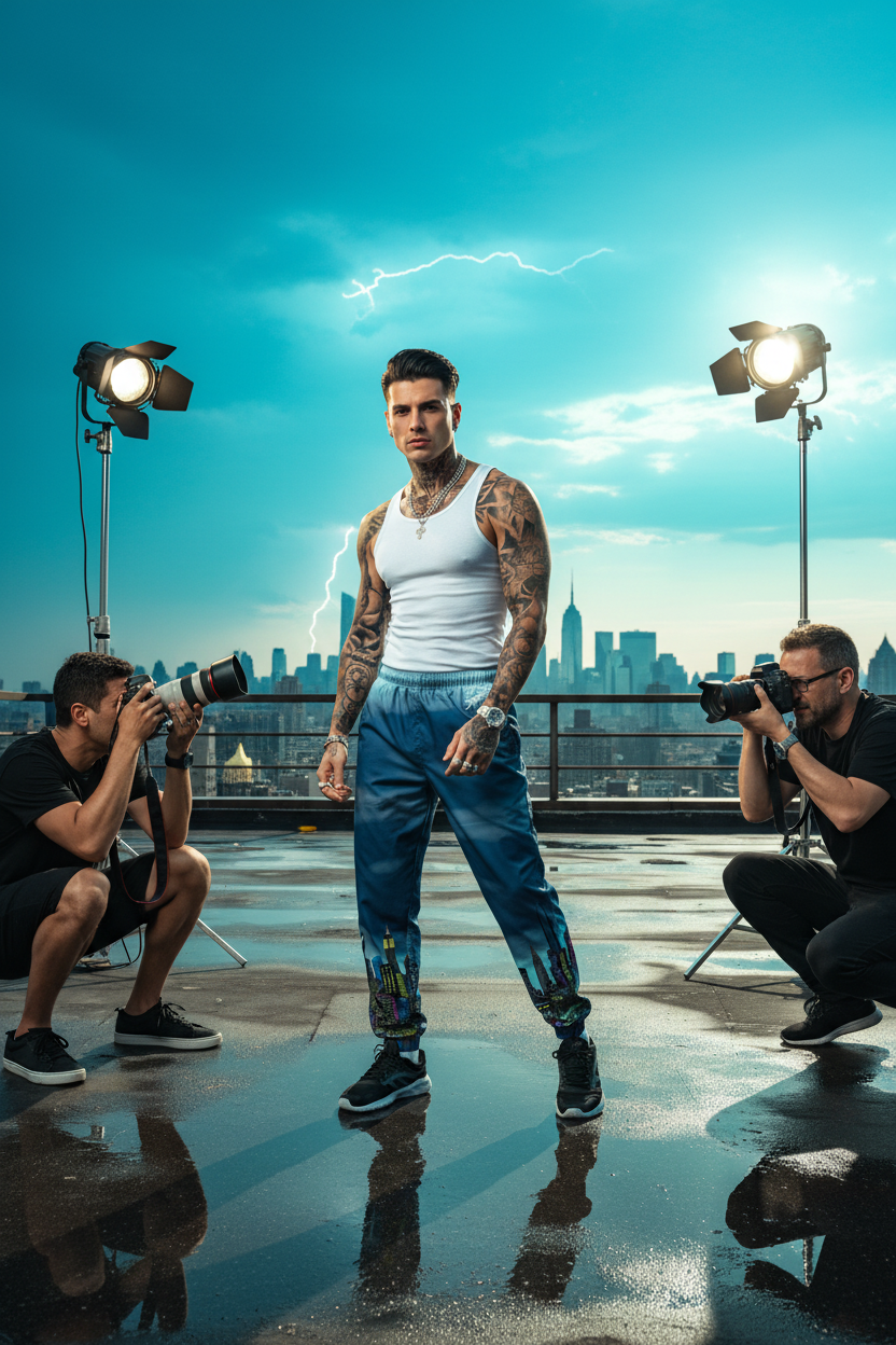 Man posing on a rooftop with city skyline, surrounded by photography equipment wearing designer Loria NYCArt track pants