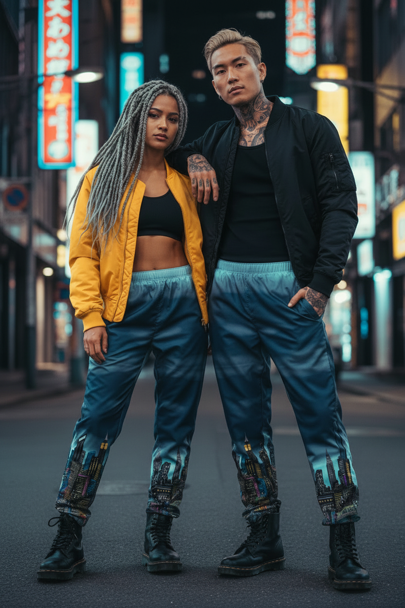 Two people wearing Loria NYC Art track pants standing on a street at night with neon signs in the background