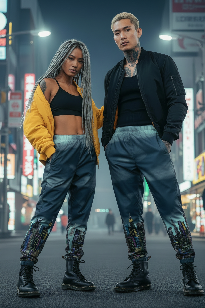 Two people wearing blue Loria NYC Art pants standing on a street at night with neon lights in the background