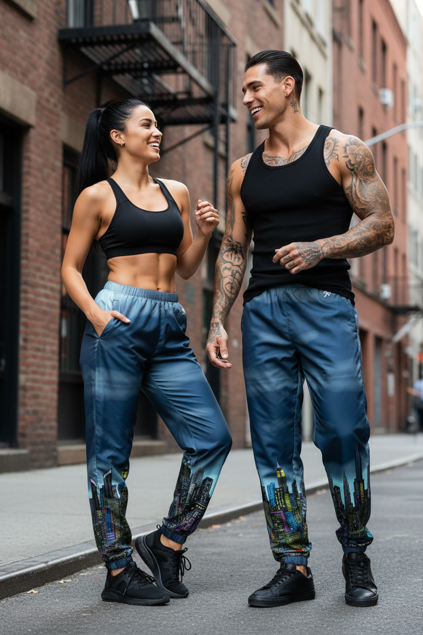 Two people in athletic Loria NYC Art wear standing on a city street.