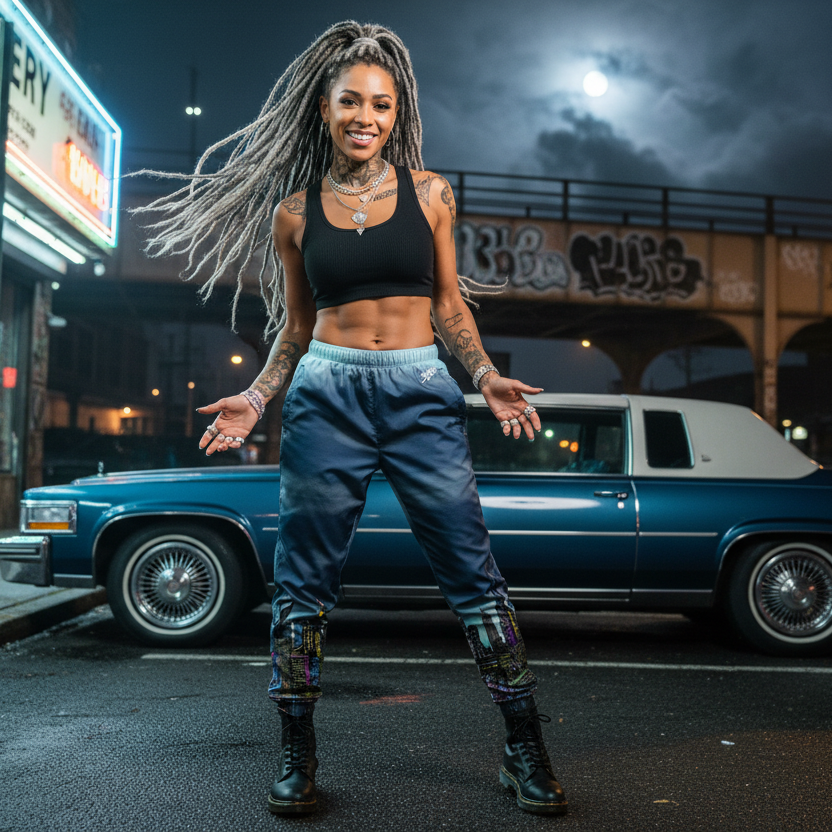 Woman posing in Loria NYC Art track pants in front of a vintage car on a city street at night