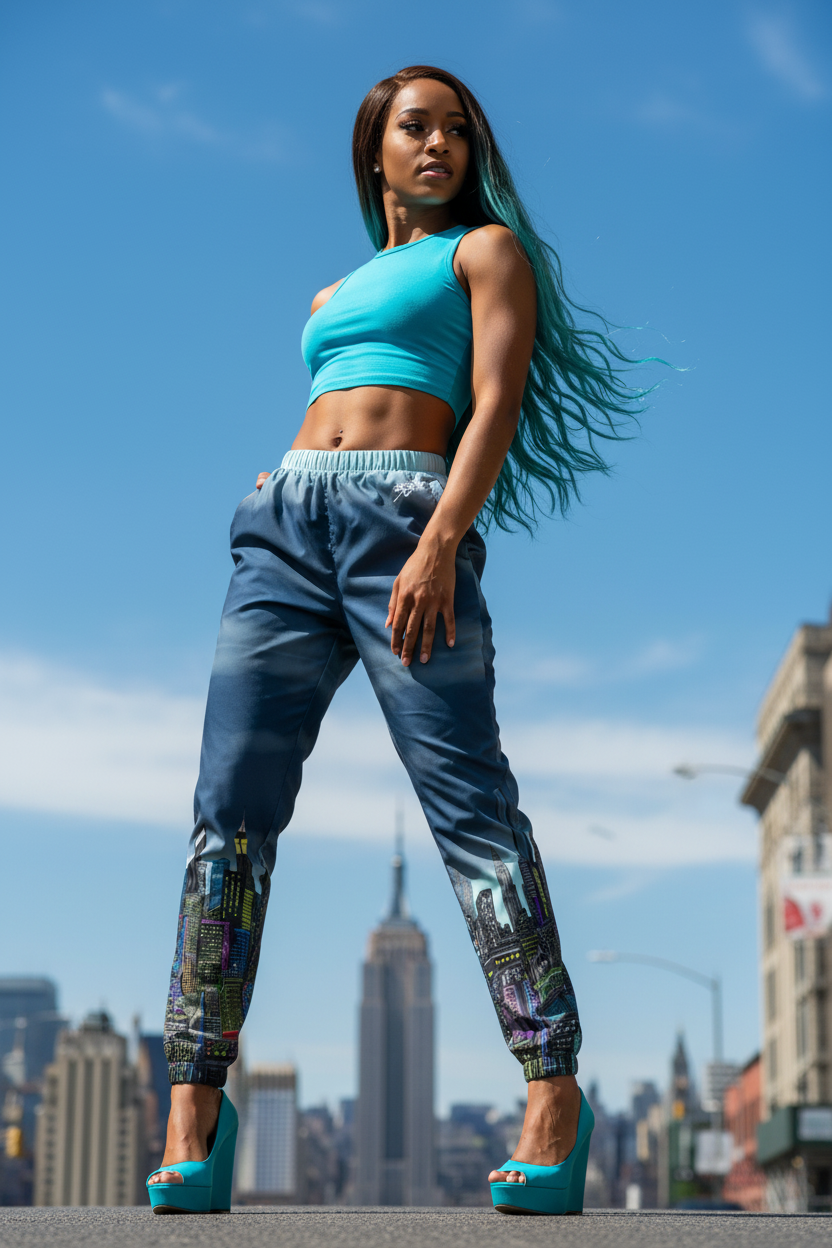 Woman in blue athletic top and Loria NYC Art pants standing against a city skyline