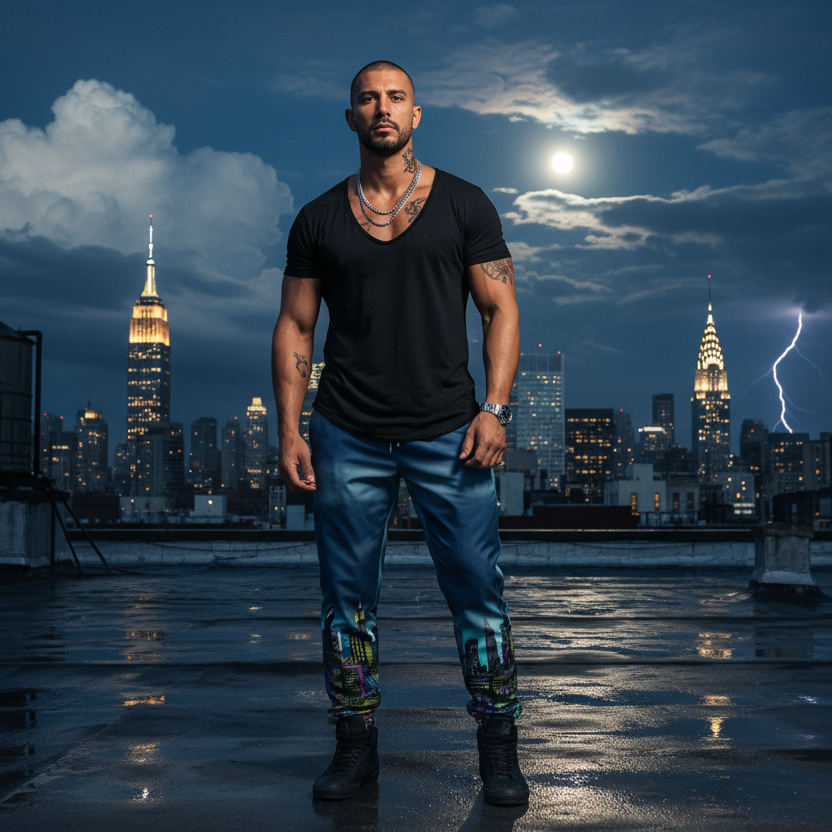 Man standing on a rooftop with a city skyline and lightning in the background posing in pants designed by Loria NYC Art