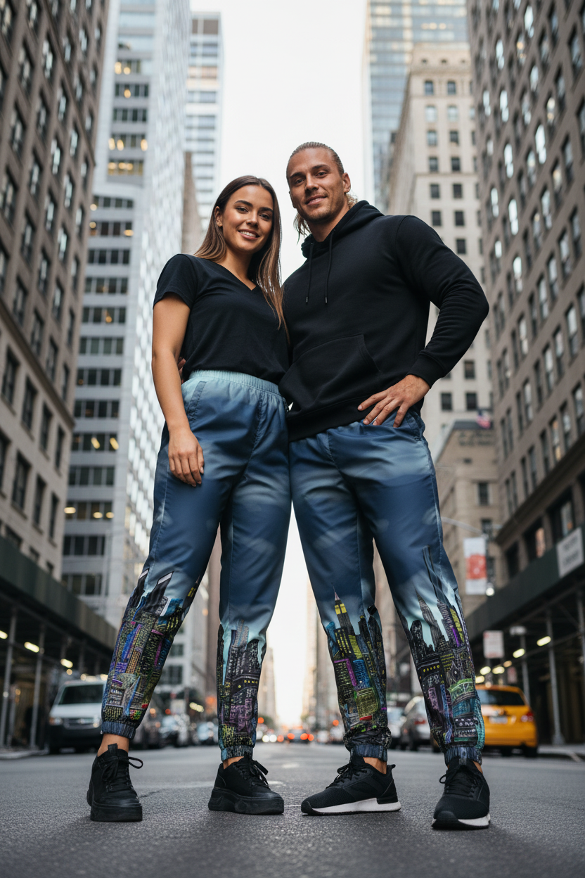 Two people wearing matching Loria NYC Art pants with colorful patterns on a city street.