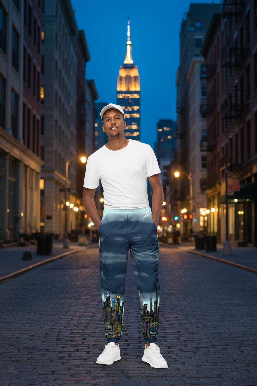 Man wearing a white t-shirt and blue cityscape pants designed by Loria NYC Art on a urban background
