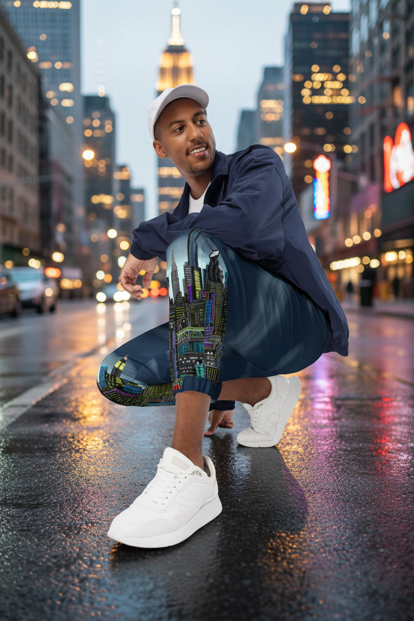 Man kneeling down and posing by wearing a  blue shirt  and blue cityscape pants designed by Loria NYC Art on a urban background