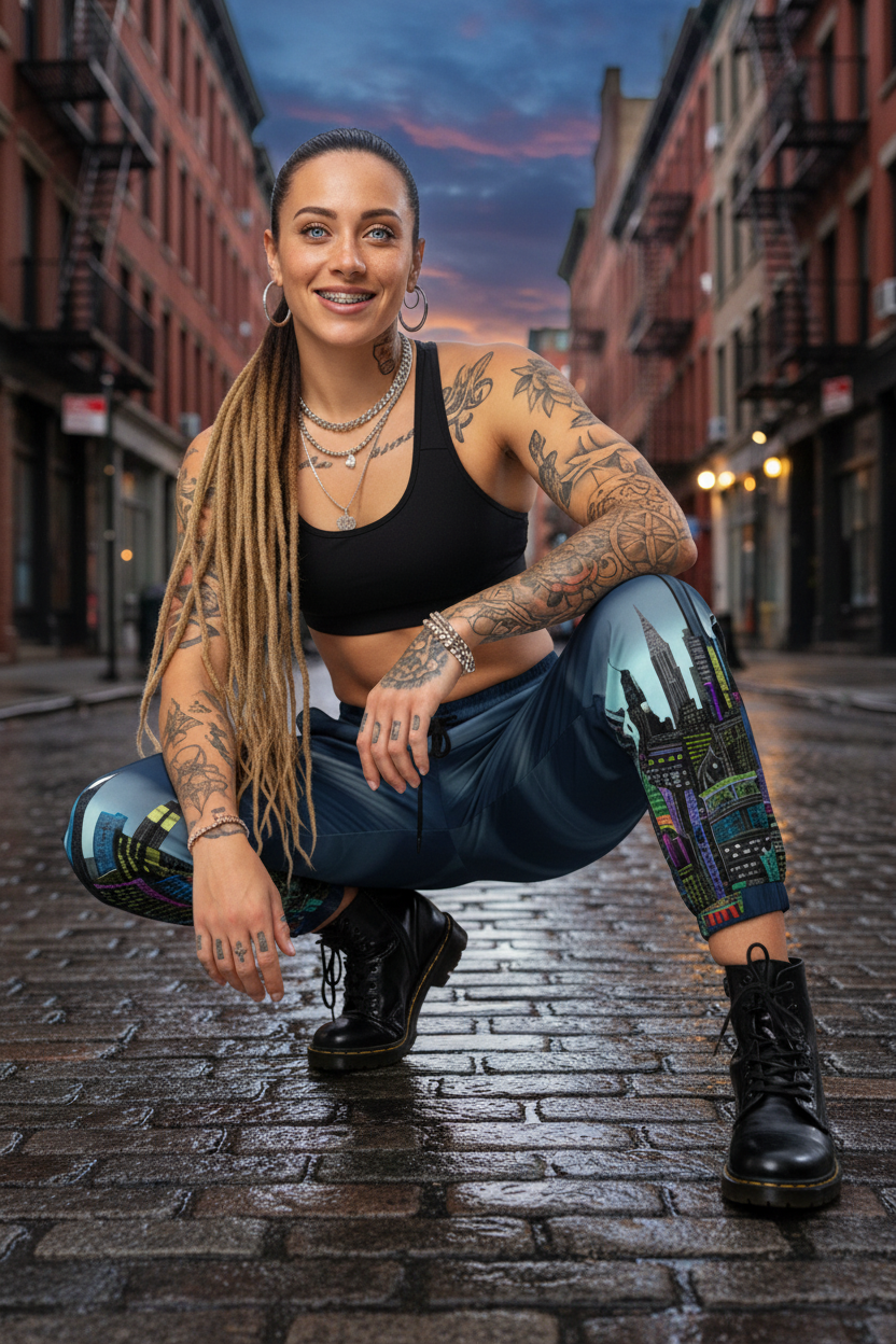 Woman wearing black tank top and colorful pants designed by Loria NYC Art with a cityscape design, sitting on a urban background.