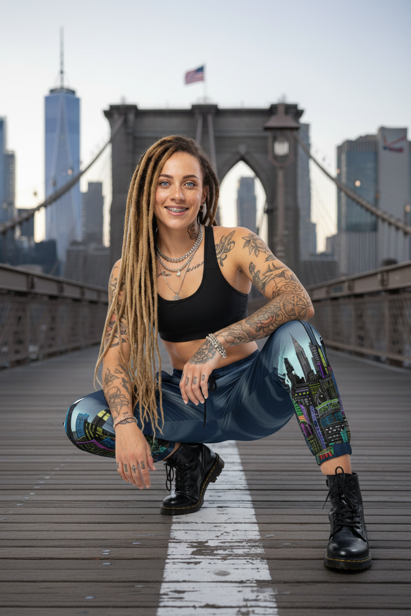 Person with tattoos and colorful Loria NYC Art pants posing on a bridge with city skyline in the background