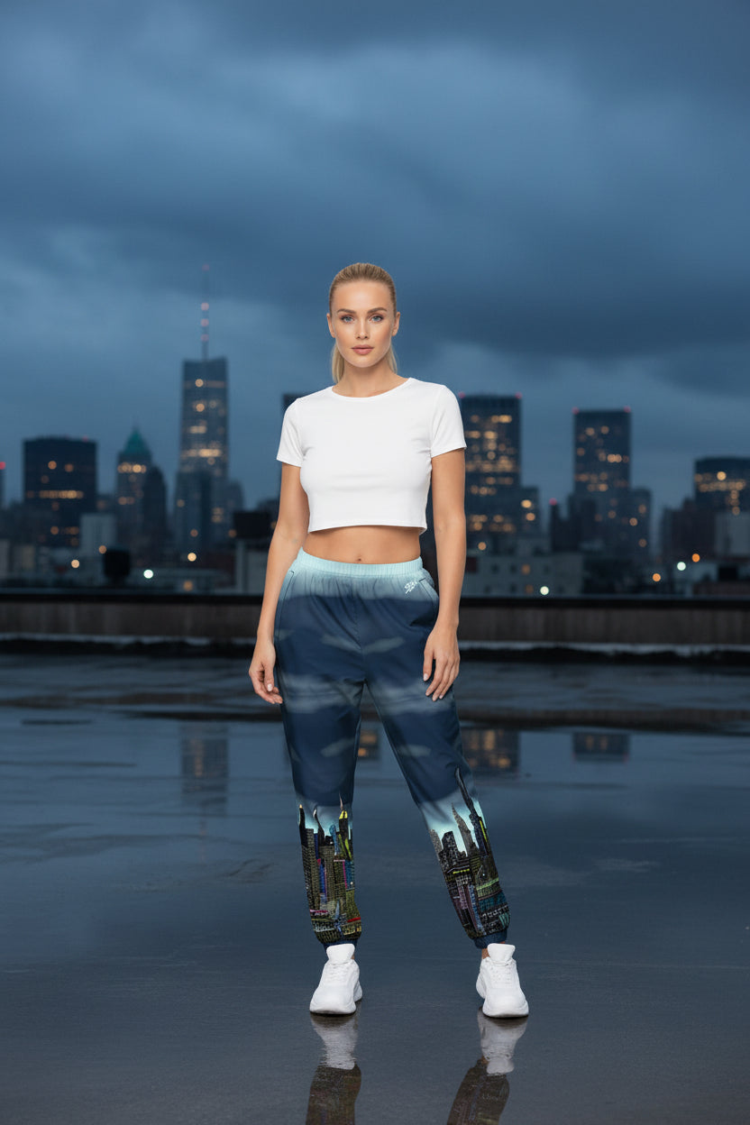 Woman wearing  colorful track pants created by Loria NYC Art and a white top and  posing in a urban rooftop setting 