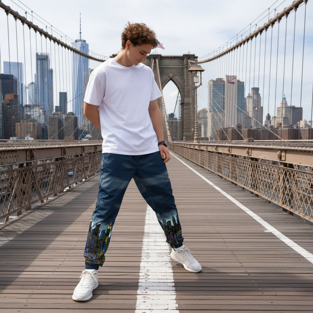 Person wearing a gray t-shirt and blue tie-dye pants with city design created by Loria NYC Art against a urban background