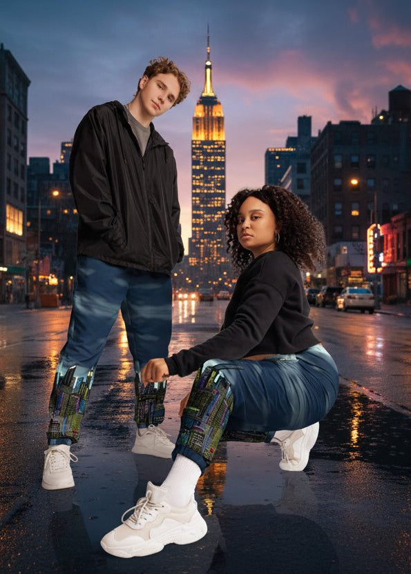 Two people wearing matching outfits with colorful Loria NYC Art pants against a white background