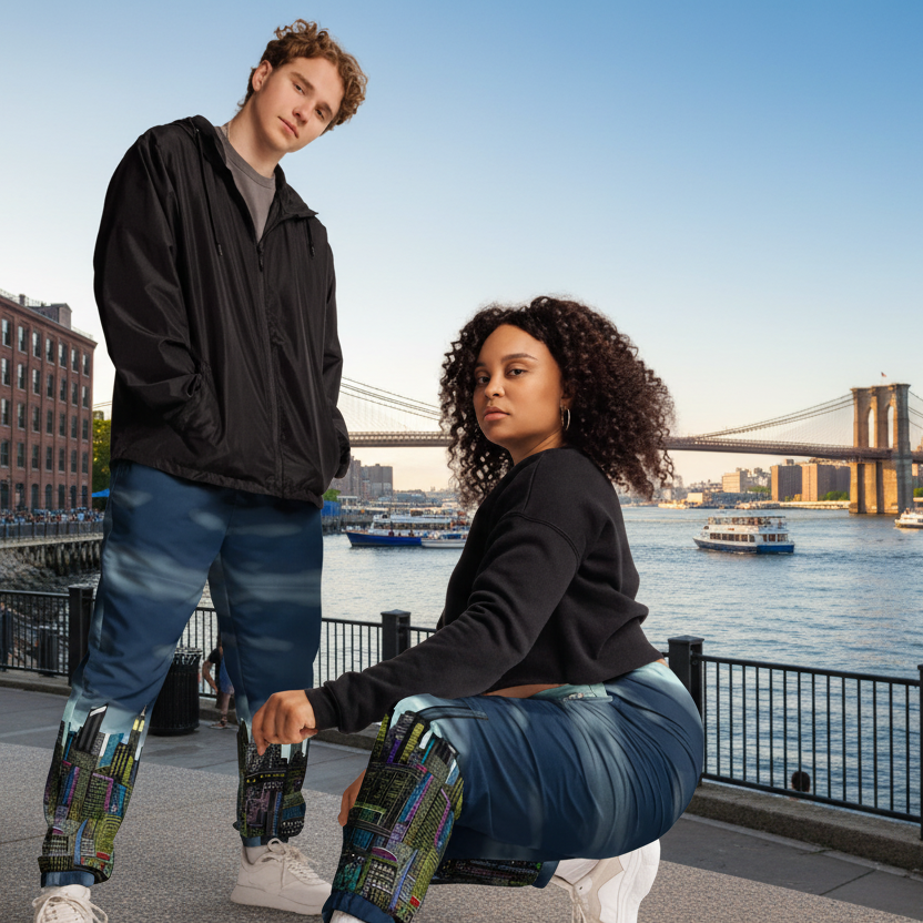 Two people standing by a waterfront with a bridge in the background and posing track pants designed by Loria NYC Art 
