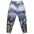 Pants with a Loria NYC Art cityscape design featuring iconic buildings on a white background