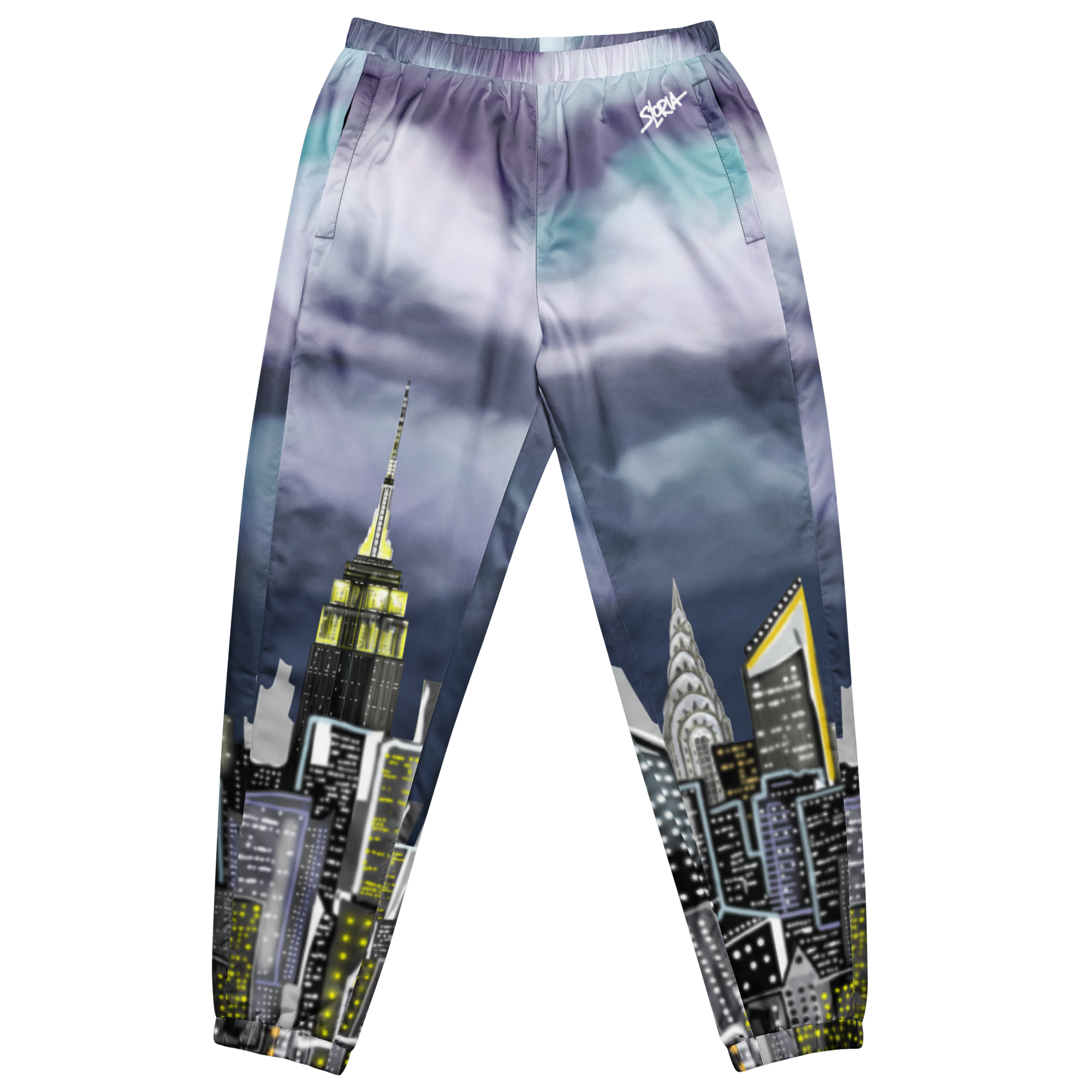 Pants with a Loria NYC Art cityscape design featuring iconic buildings on a white background