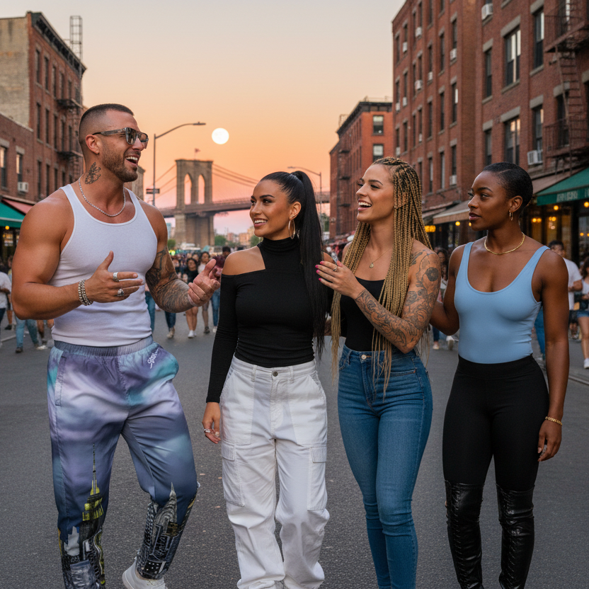 Man wearing Loria NYC Art track pants on a city street with 3 others at sunset and Brooklyn Bridge in the background.