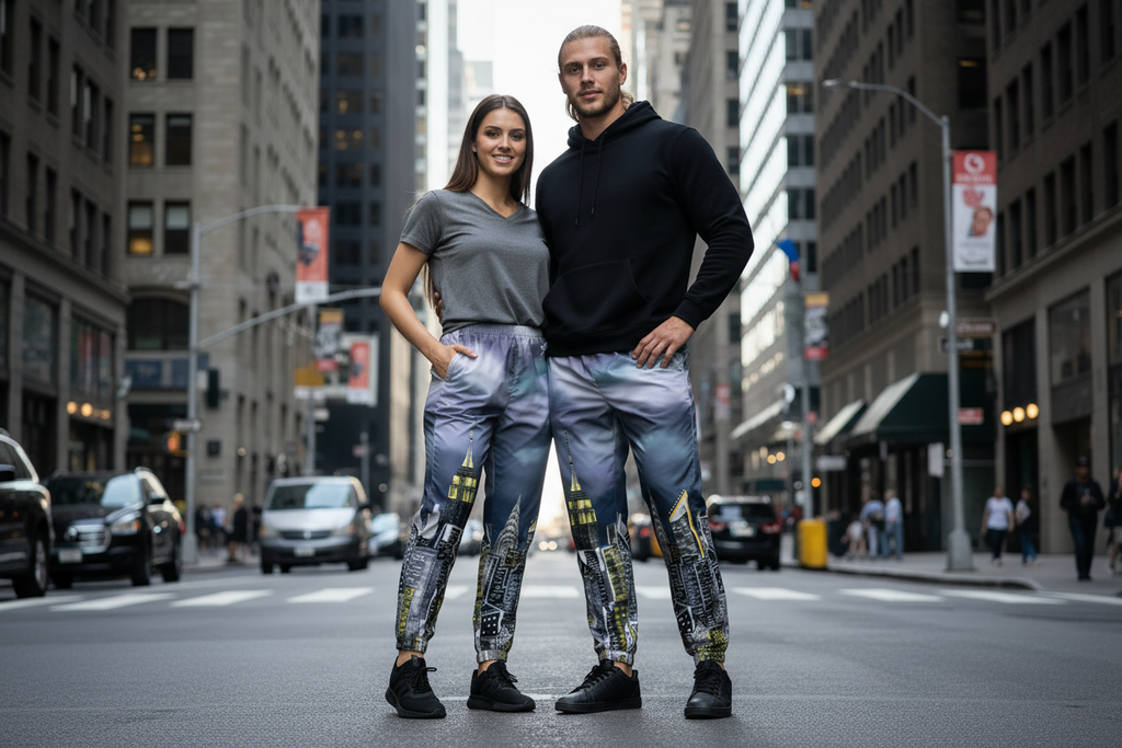 Two people wearing matching Loria NYC Art track pants in a city street urban Setting.