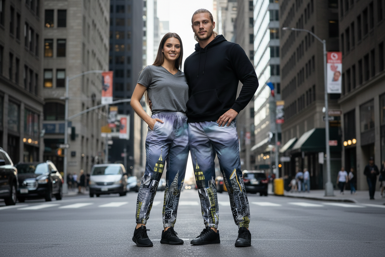 Two people wearing matching Loria NYC Art track pants in a city street urban Setting.