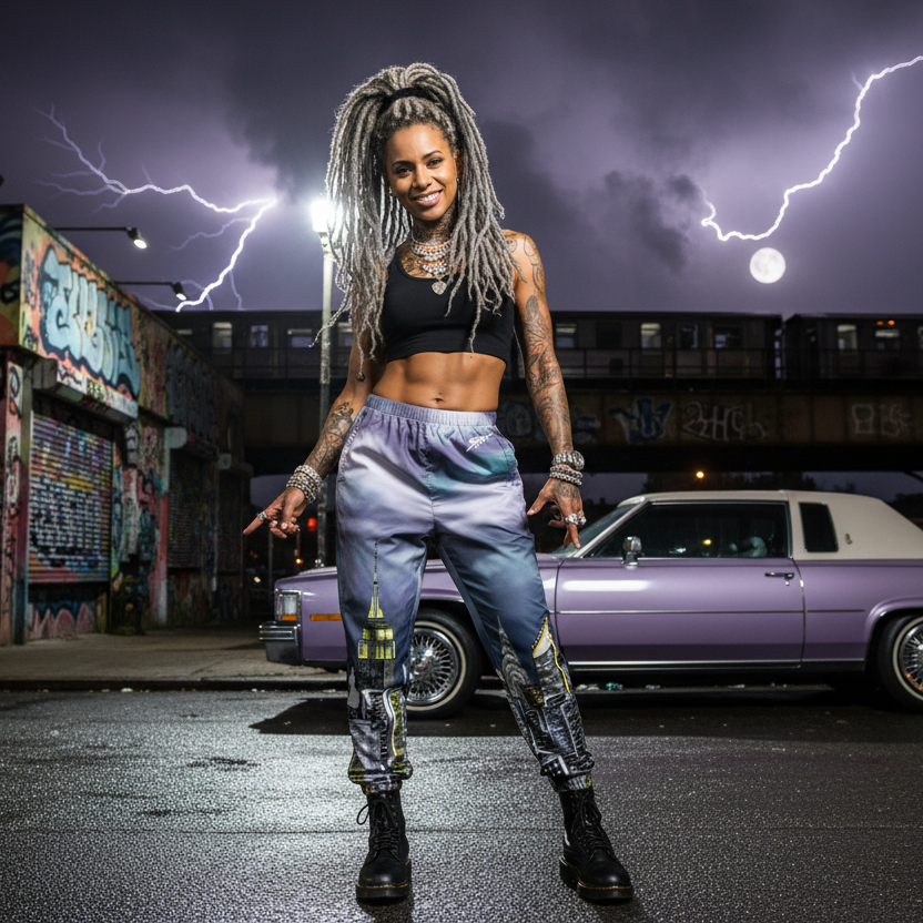 Woman wearing Loria NYC Art pants with braided hair standing in an urban setting with graffiti and a classic car, lightning in the background