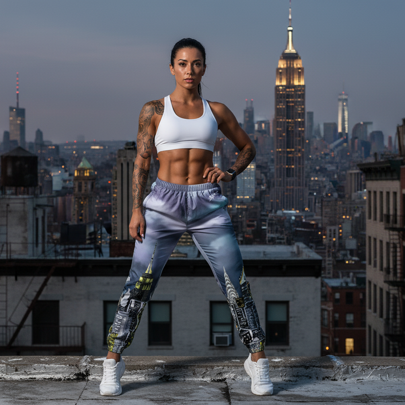 Woman in athletic Loria NYC Art track pants standing on a rooftop with a city skyline in the background