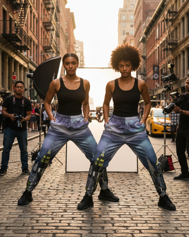 Two dancers in matching Loria NYC Art track pants on a city street with onlookers and photographers.