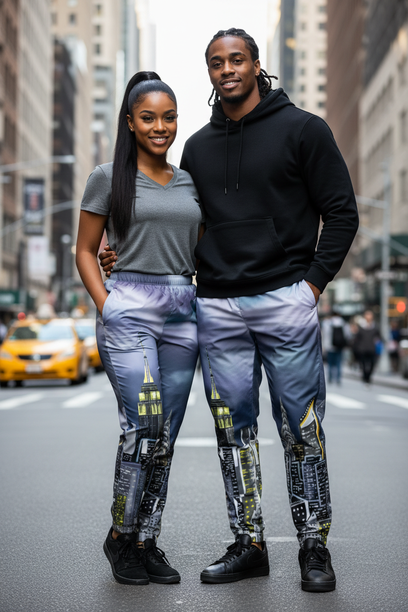 Two people wearing matching Loria NYC Art cityscape-themed pants on a city street