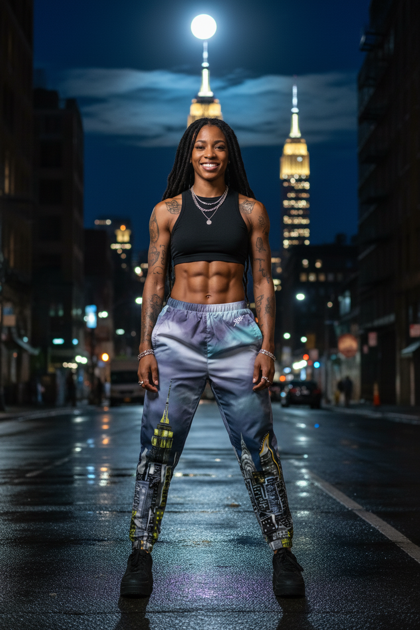 Person in Loria NYC Art athletic wear standing on a city street at night with illuminated buildings in the background