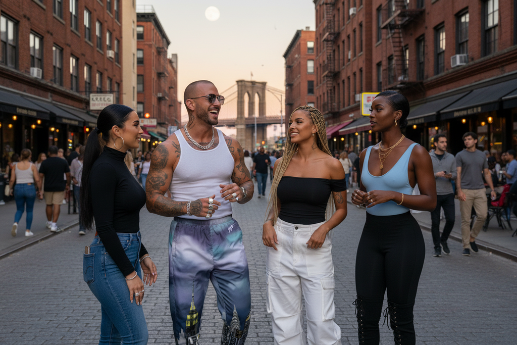 Man wearing Loria NYC Art track pants on on a street with a bridge in the background