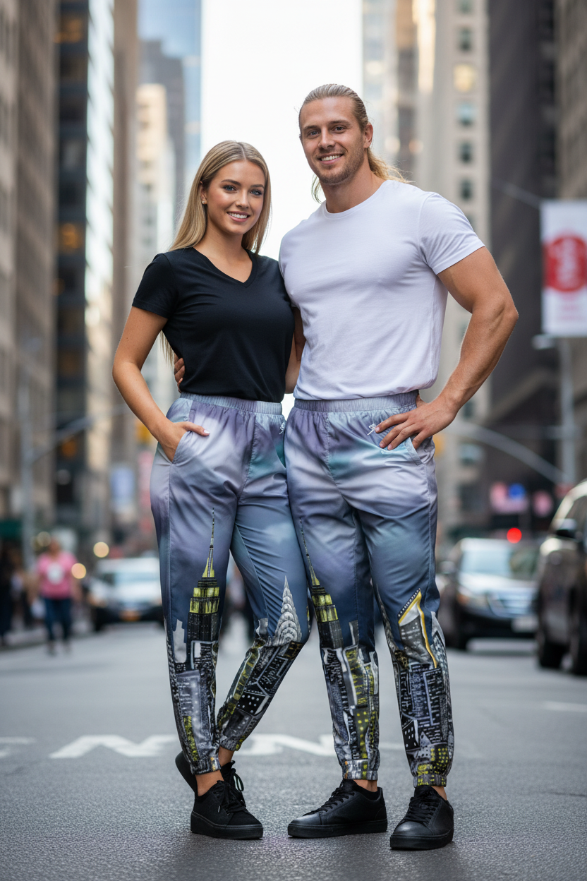 Two people wearing matching Loria NYC Art outfits on a city street.